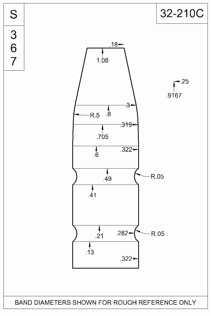 Dimensioned view of bullet 32-210C