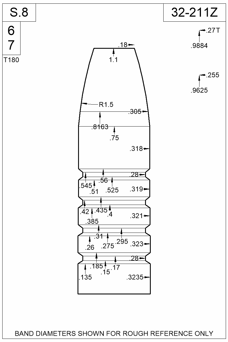 Dimensioned view of bullet 32-211Z