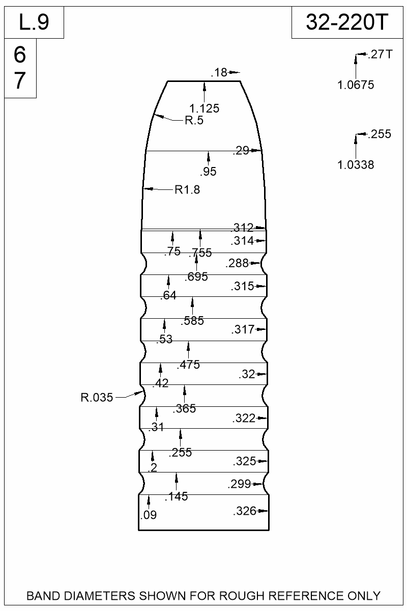 Dimensioned view of bullet 32-220T