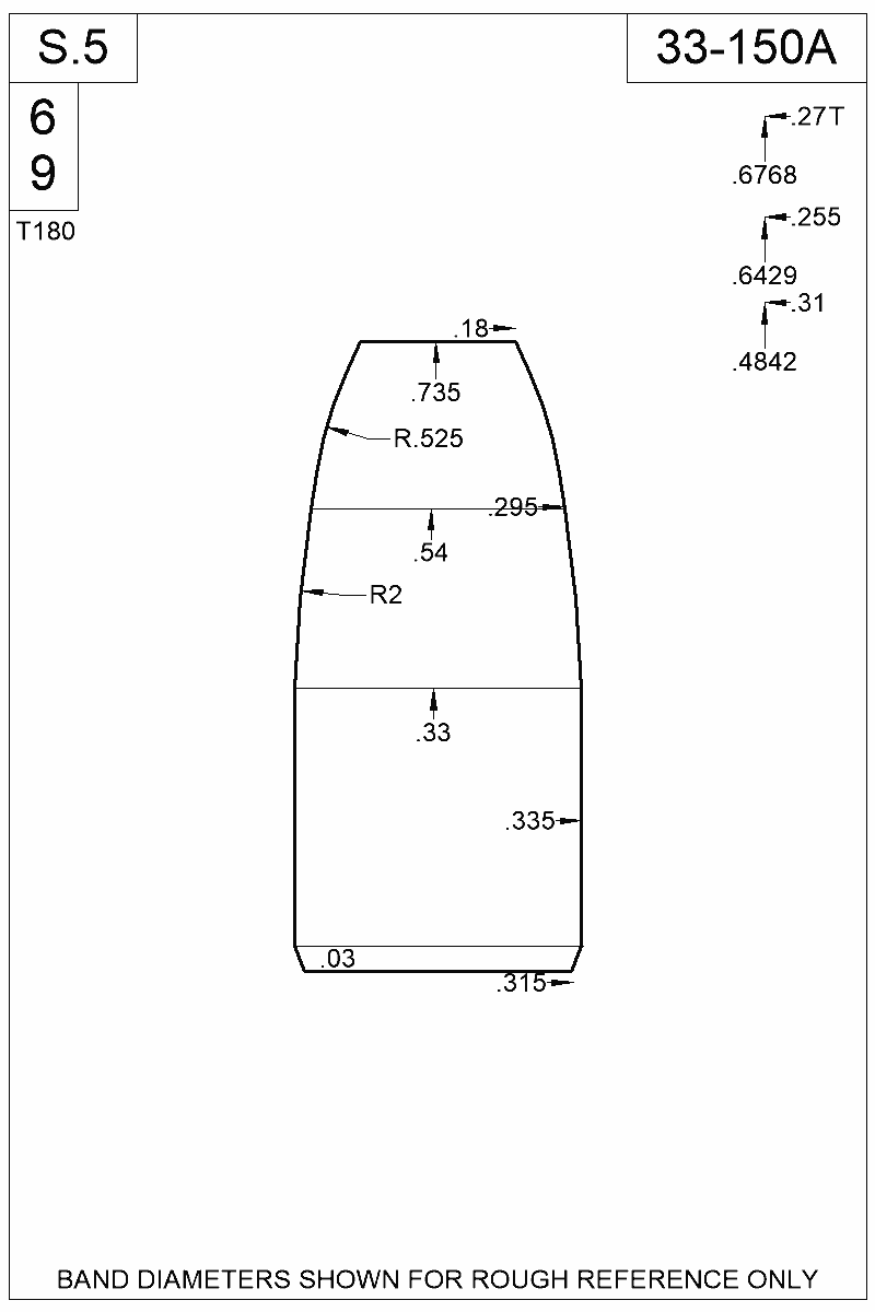 Dimensioned view of bullet 33-150A