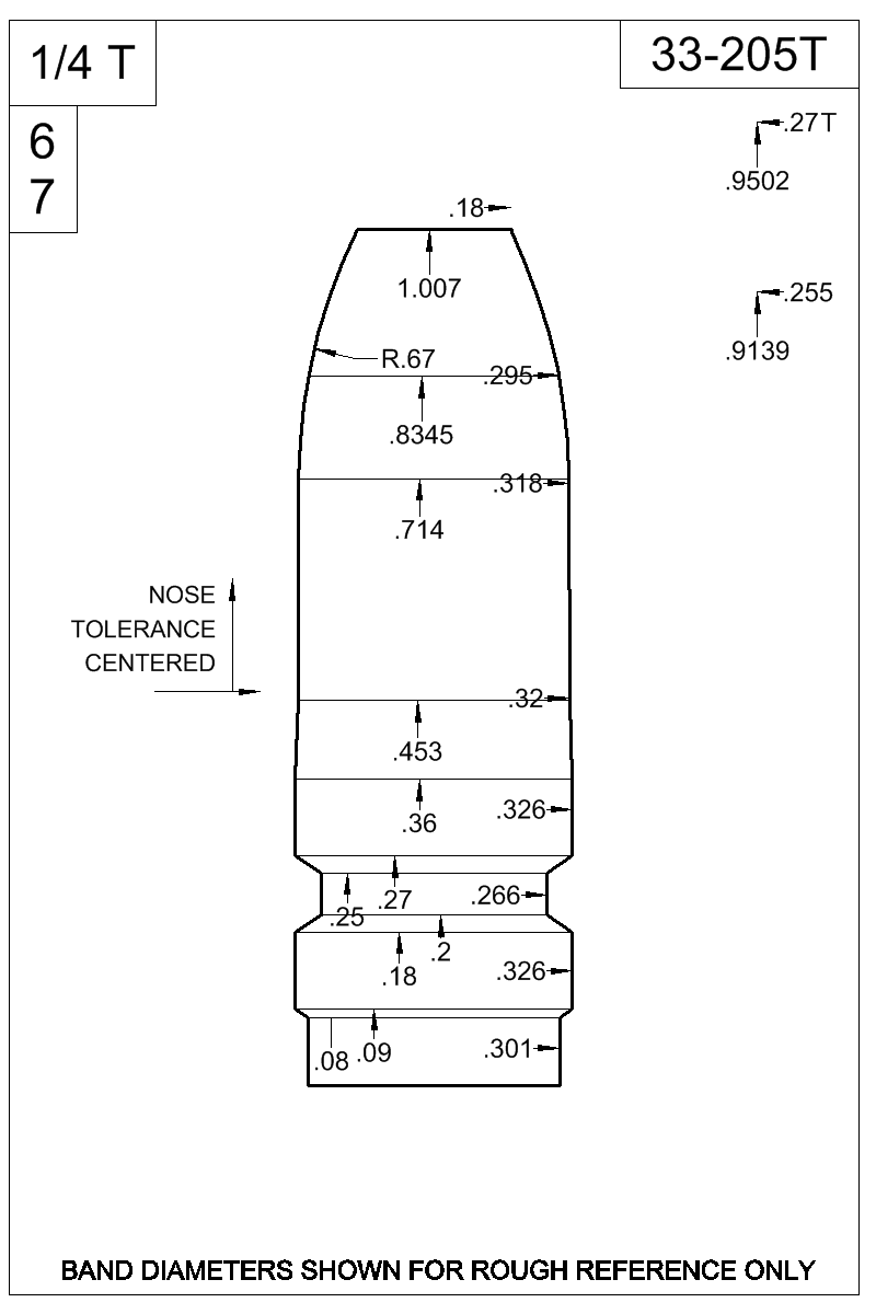Dimensioned view of bullet 33-205T