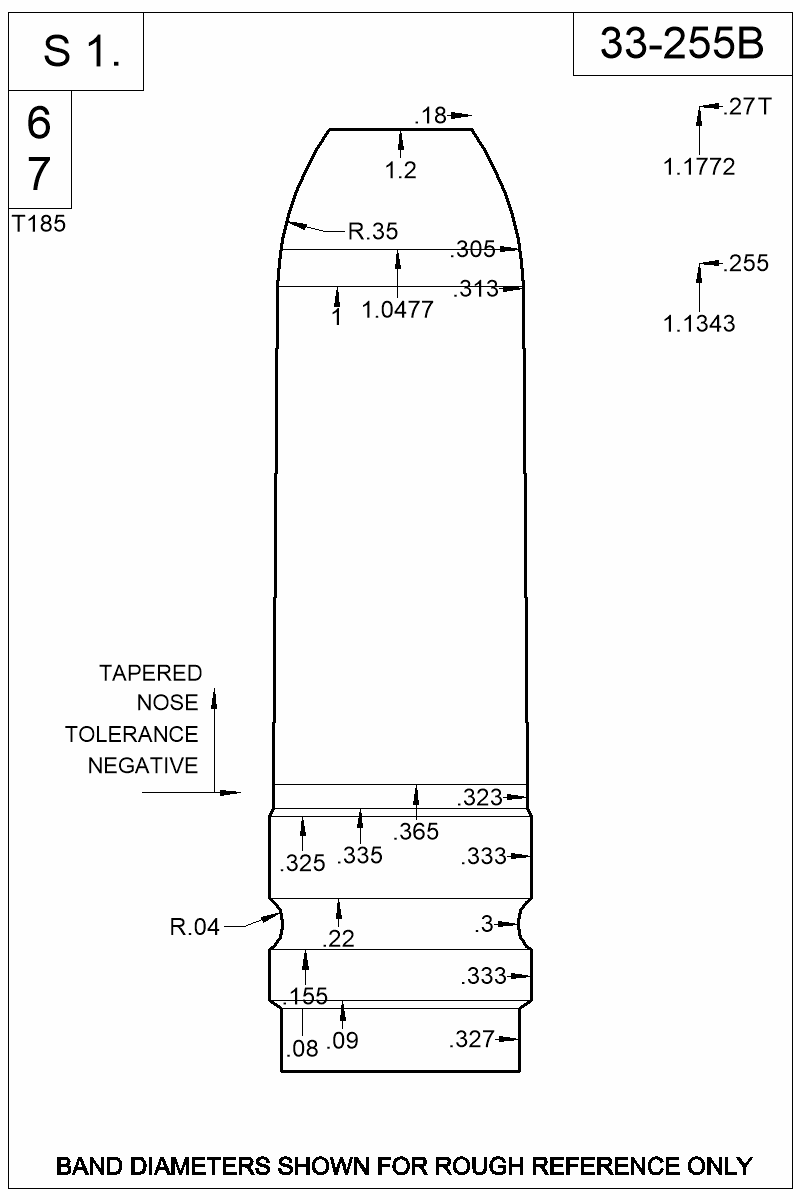 Dimensioned view of bullet 33-255B