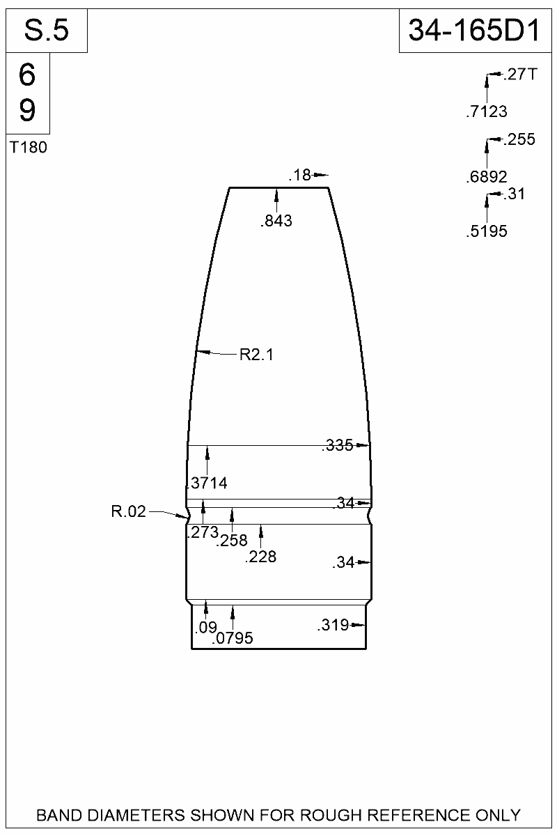 Dimensioned view of bullet 34-165D1