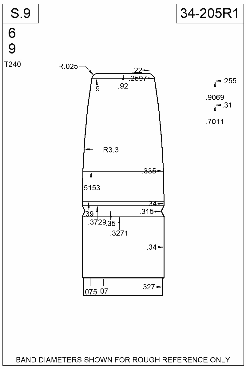 Dimensioned view of bullet 34-205R1