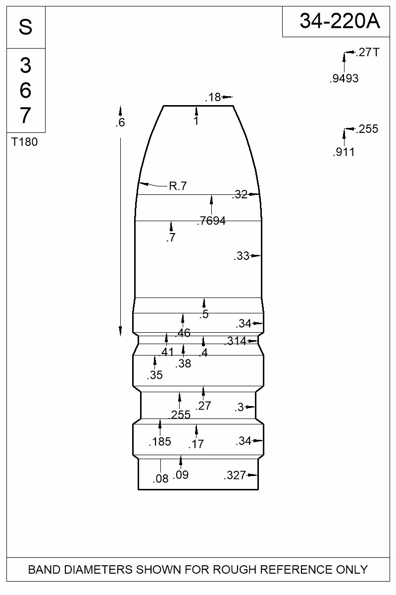 Dimensioned view of bullet 34-220A
