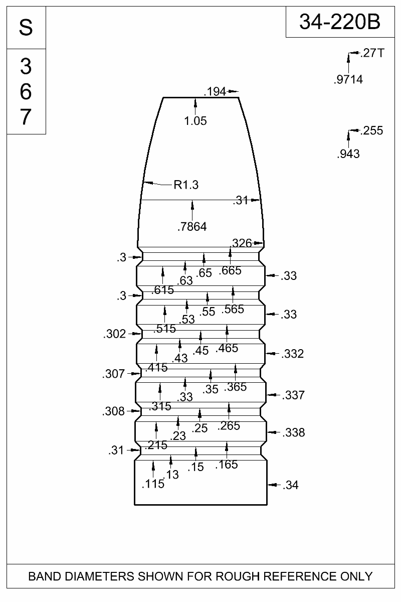 Dimensioned view of bullet 34-220B
