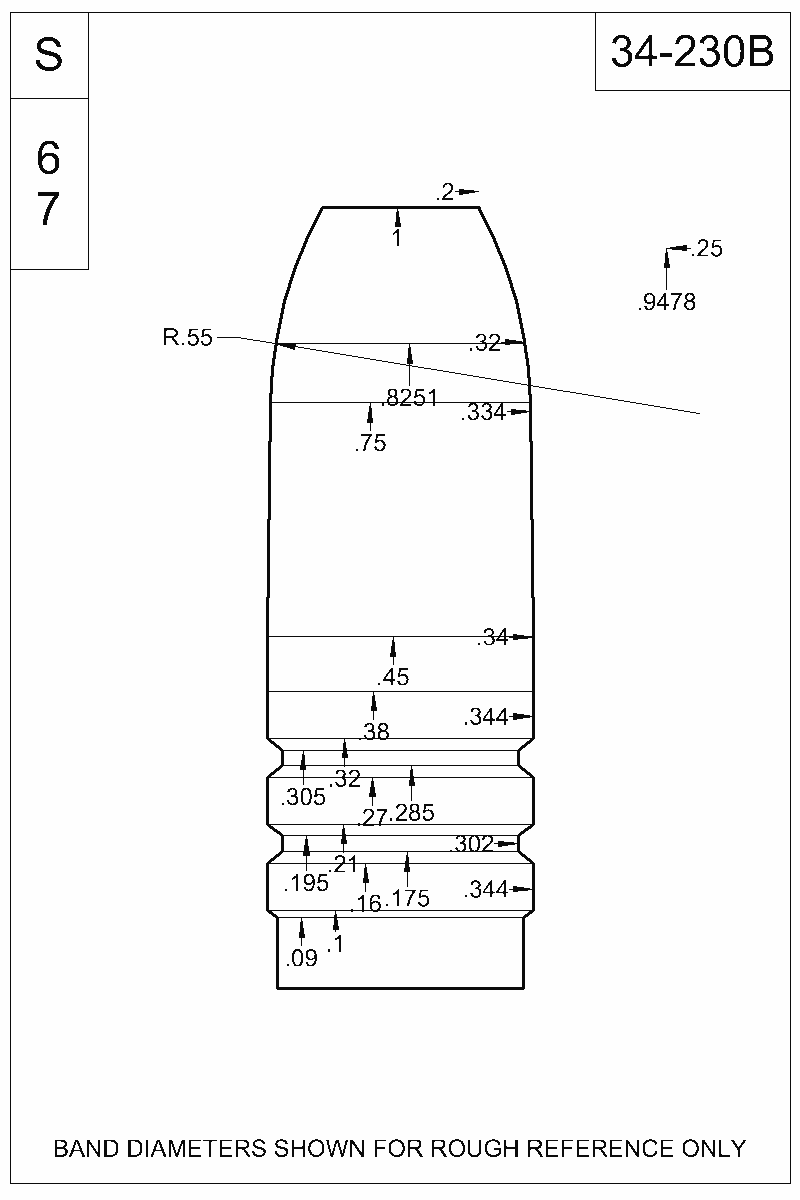 Dimensioned view of bullet 34-230B