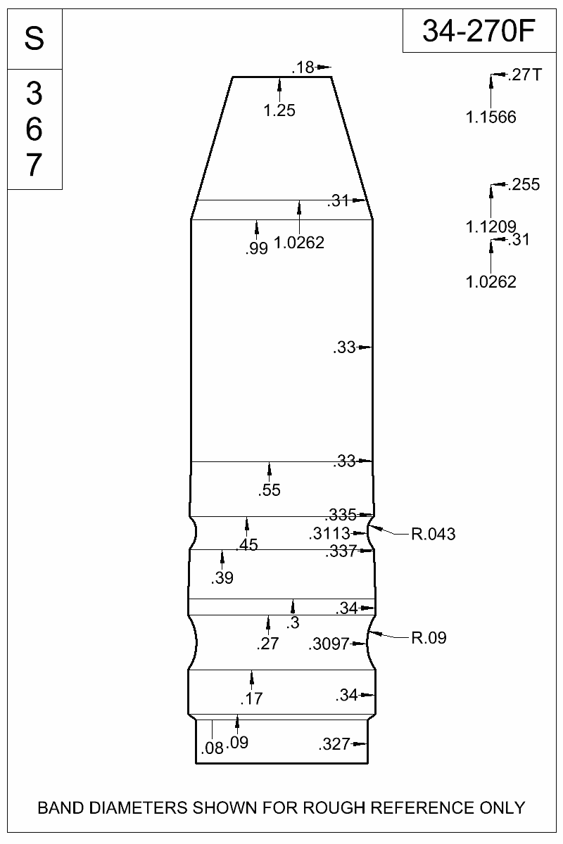 Dimensioned view of bullet 34-270F