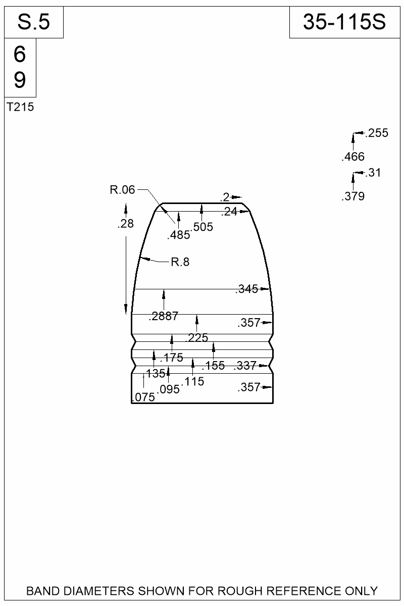 Dimensioned view of bullet 35-115S