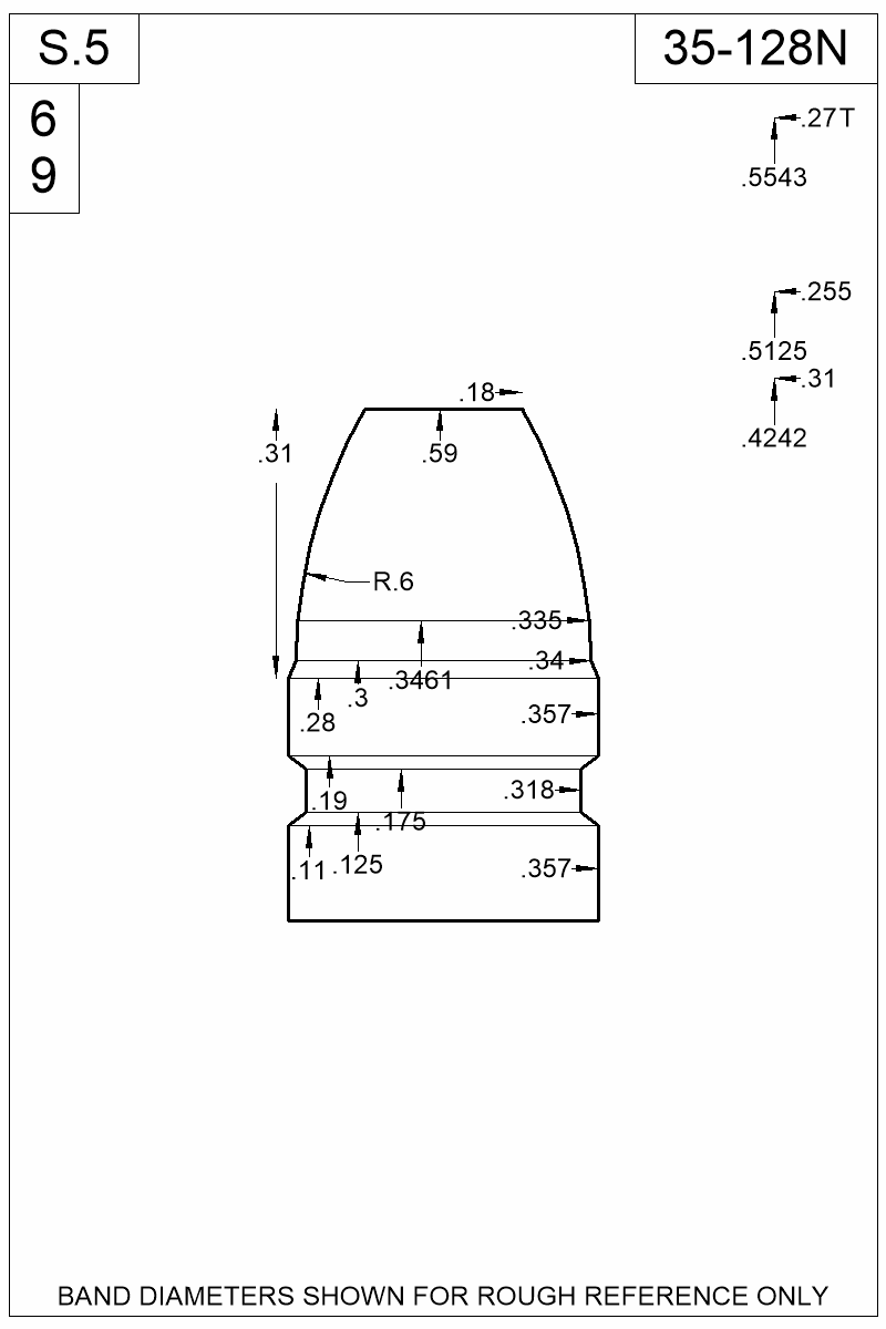 Dimensioned view of bullet 35-128N