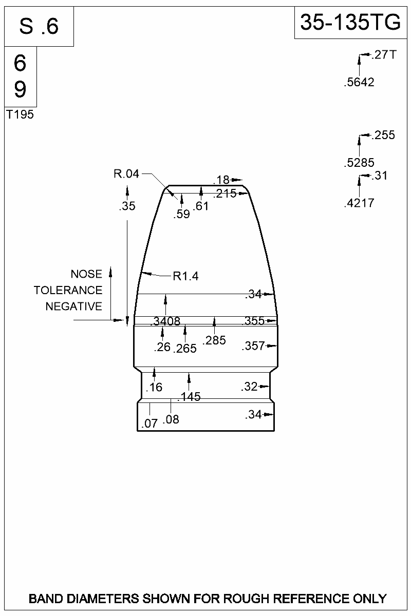 Dimensioned view of bullet 35-135TG
