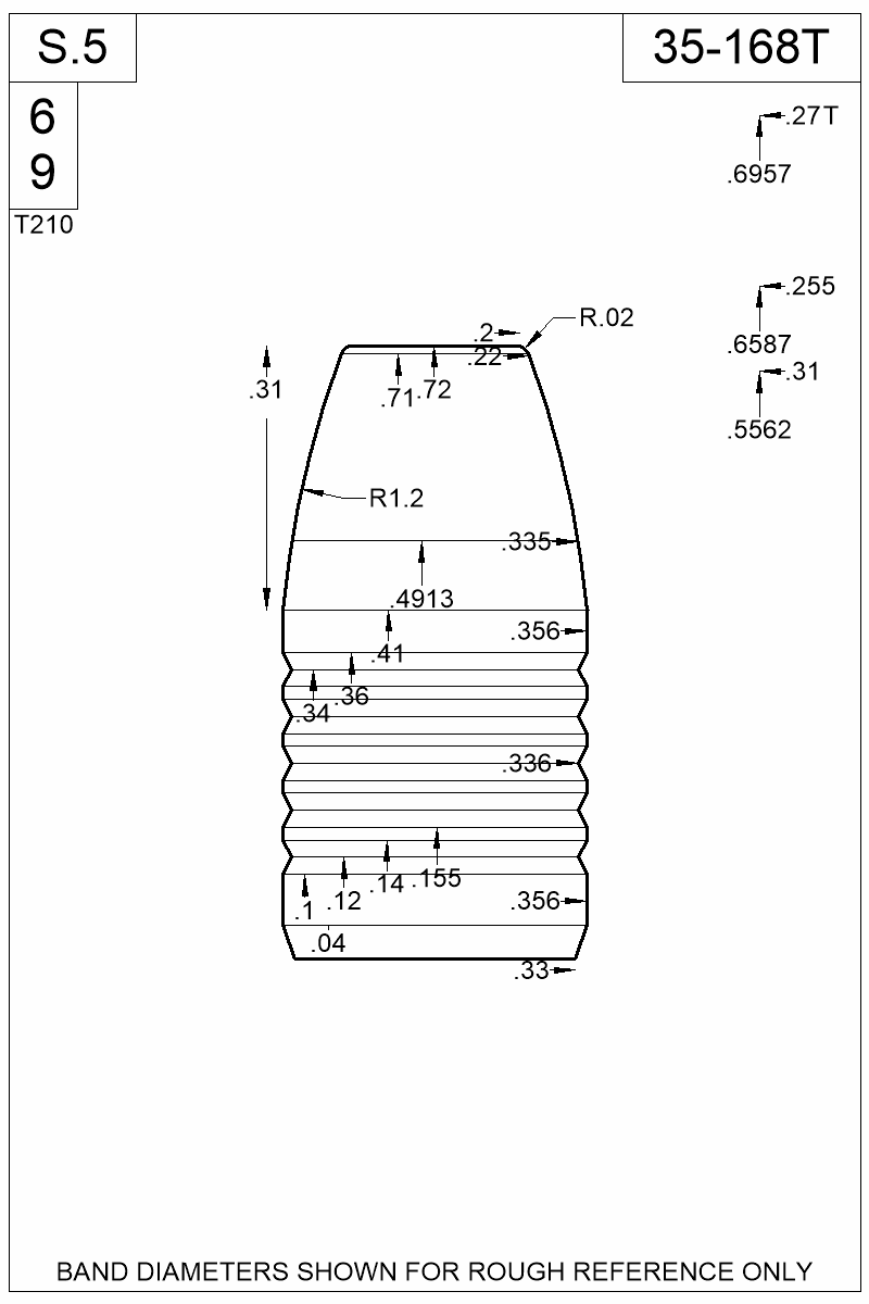 Dimensioned view of bullet 35-168T