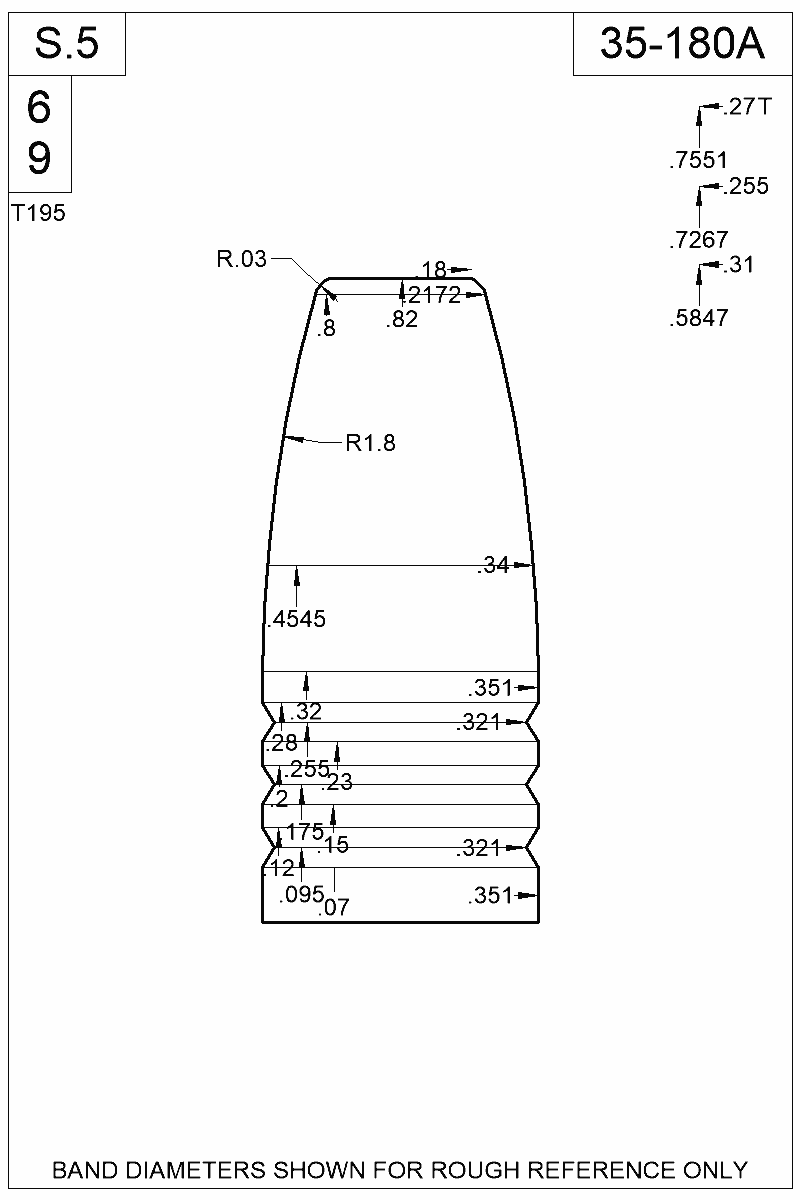 Dimensioned view of bullet 35-180A