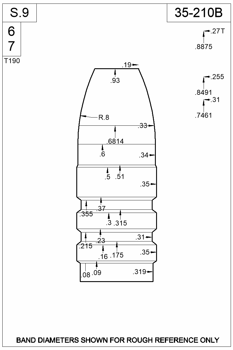 Dimensioned view of bullet 35-210B