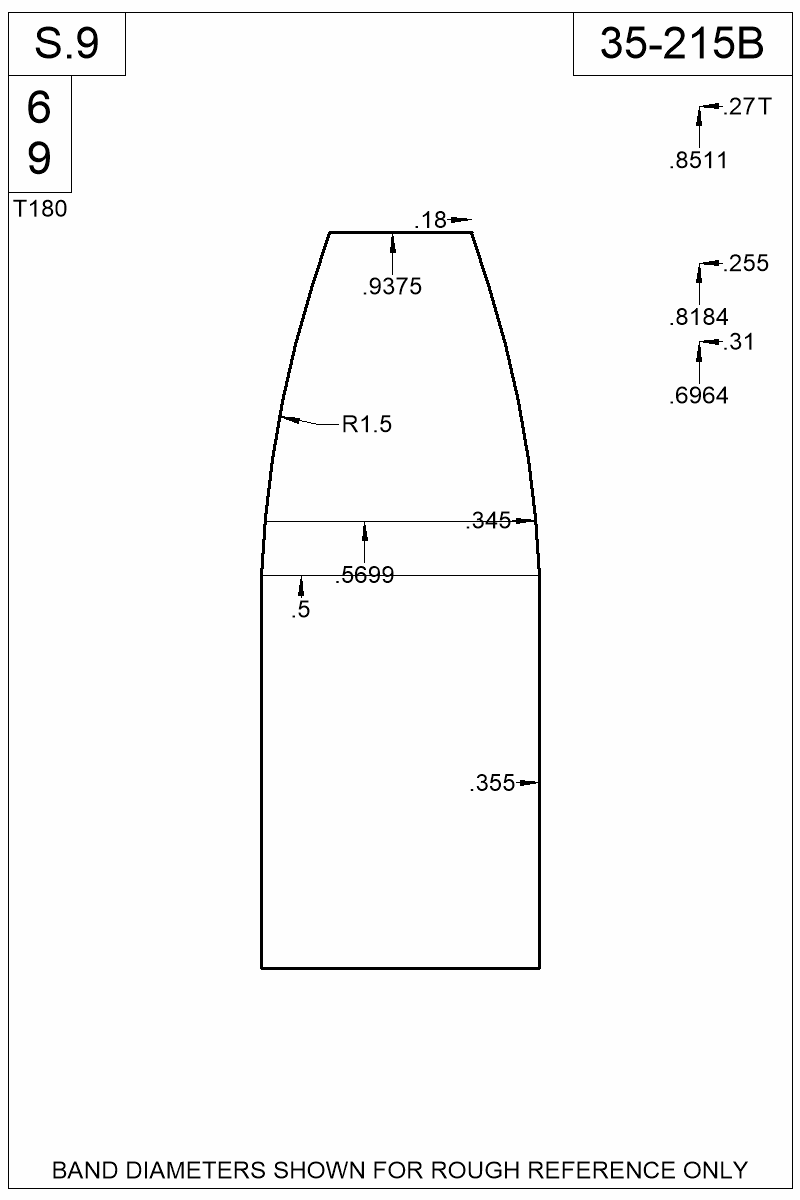 Dimensioned view of bullet 35-215B