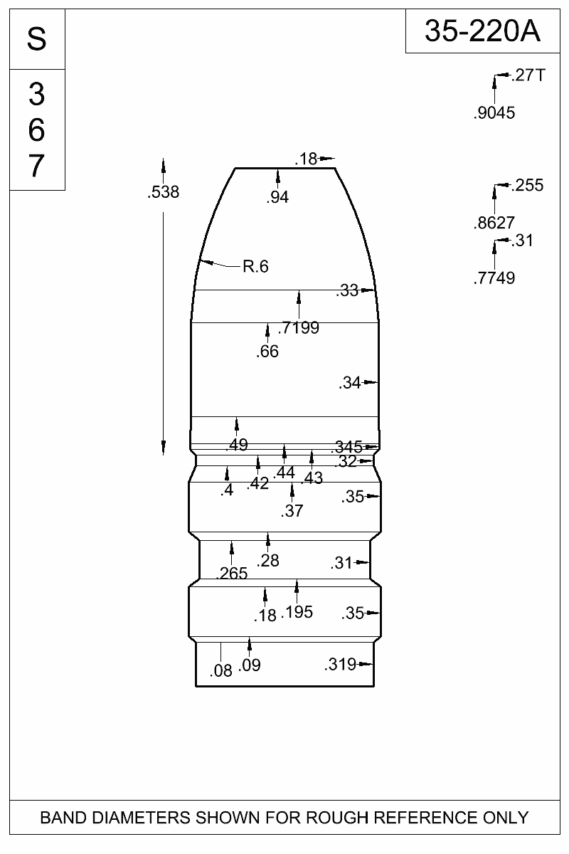 Dimensioned view of bullet 35-220A