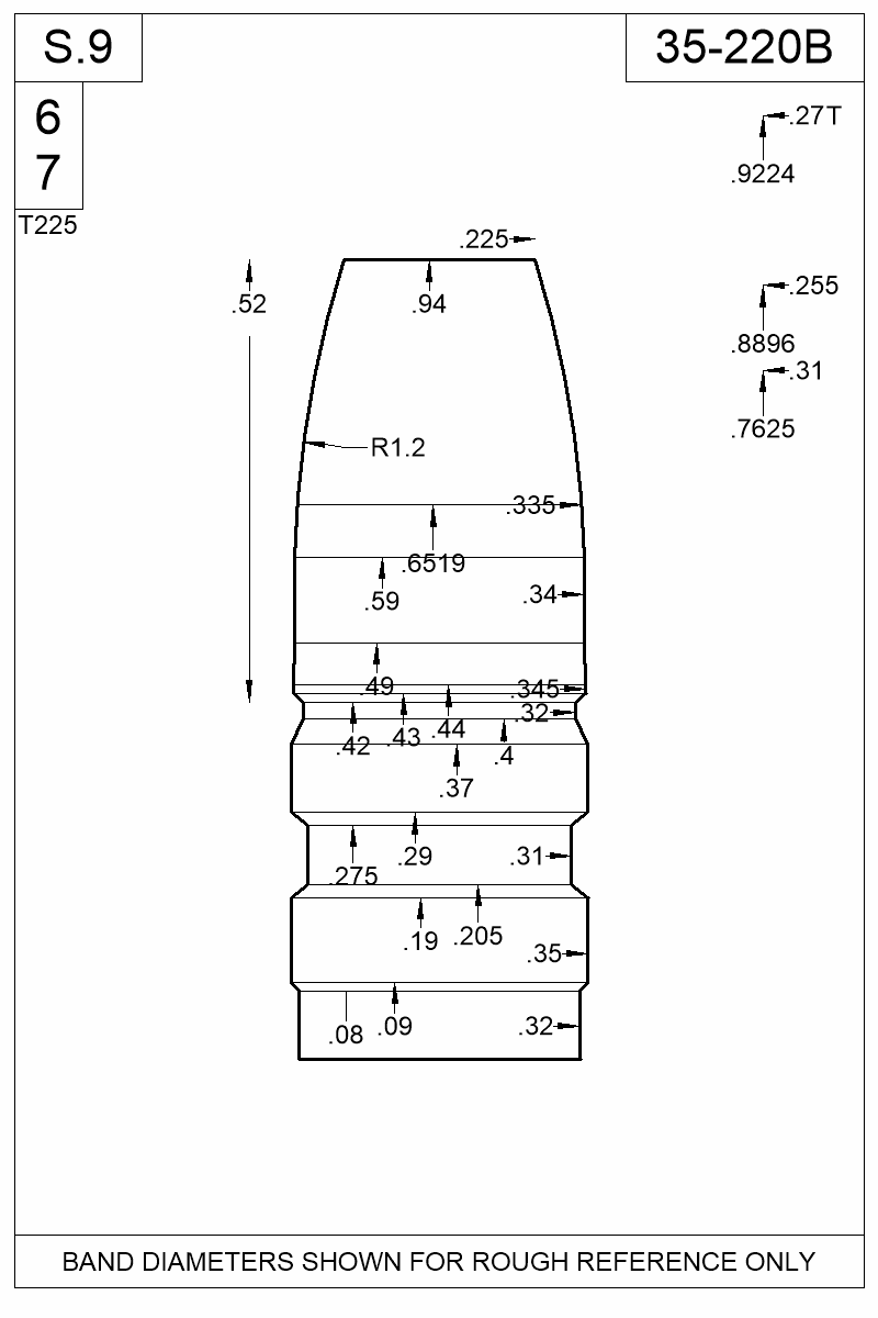 Dimensioned view of bullet 35-220B