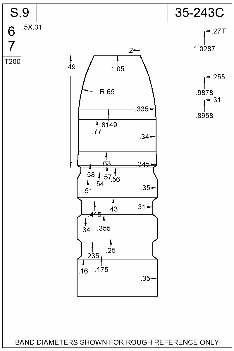 Dimensioned view of bullet 35-243C