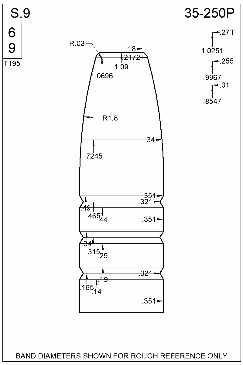 Dimensioned view of bullet 35-250P
