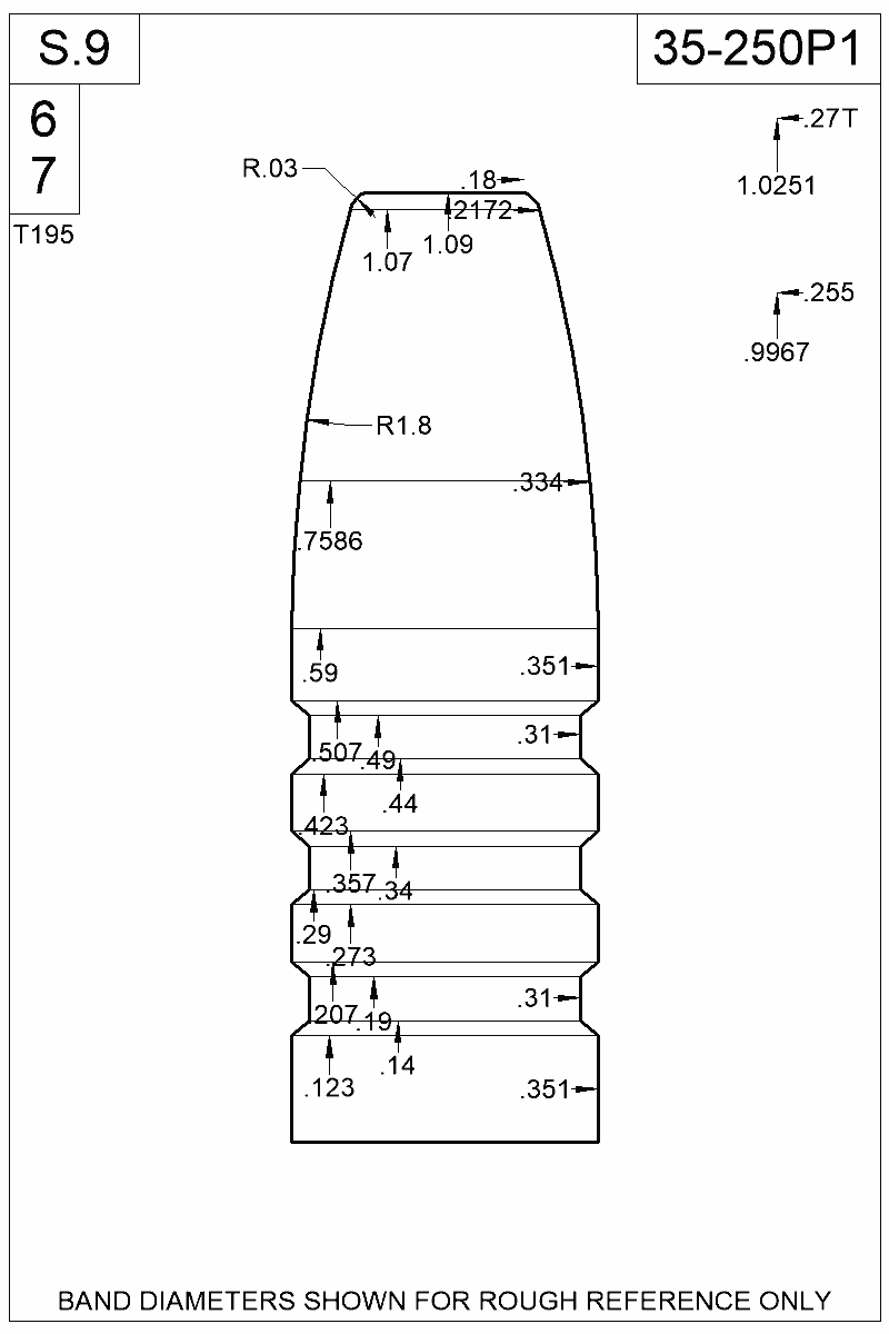 Dimensioned view of bullet 35-250P1