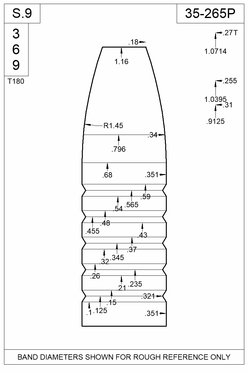 Dimensioned view of bullet 35-265P