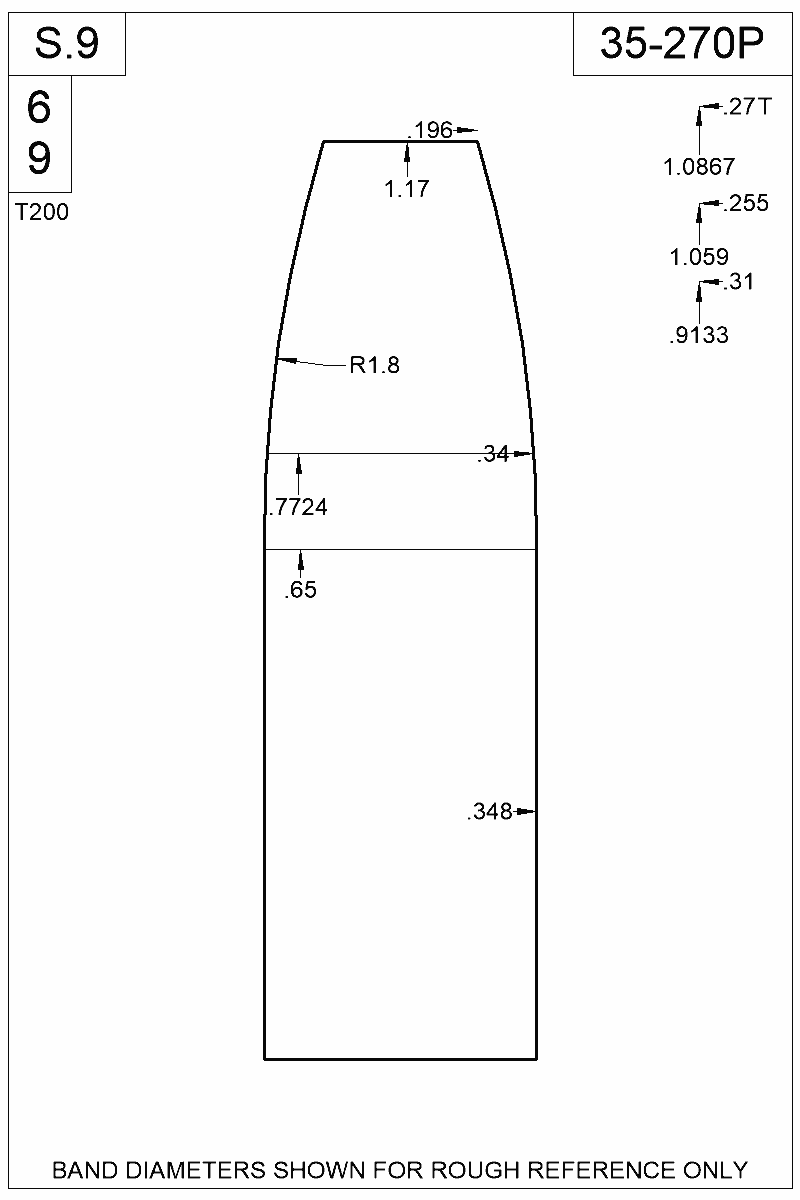 Dimensioned view of bullet 35-270P