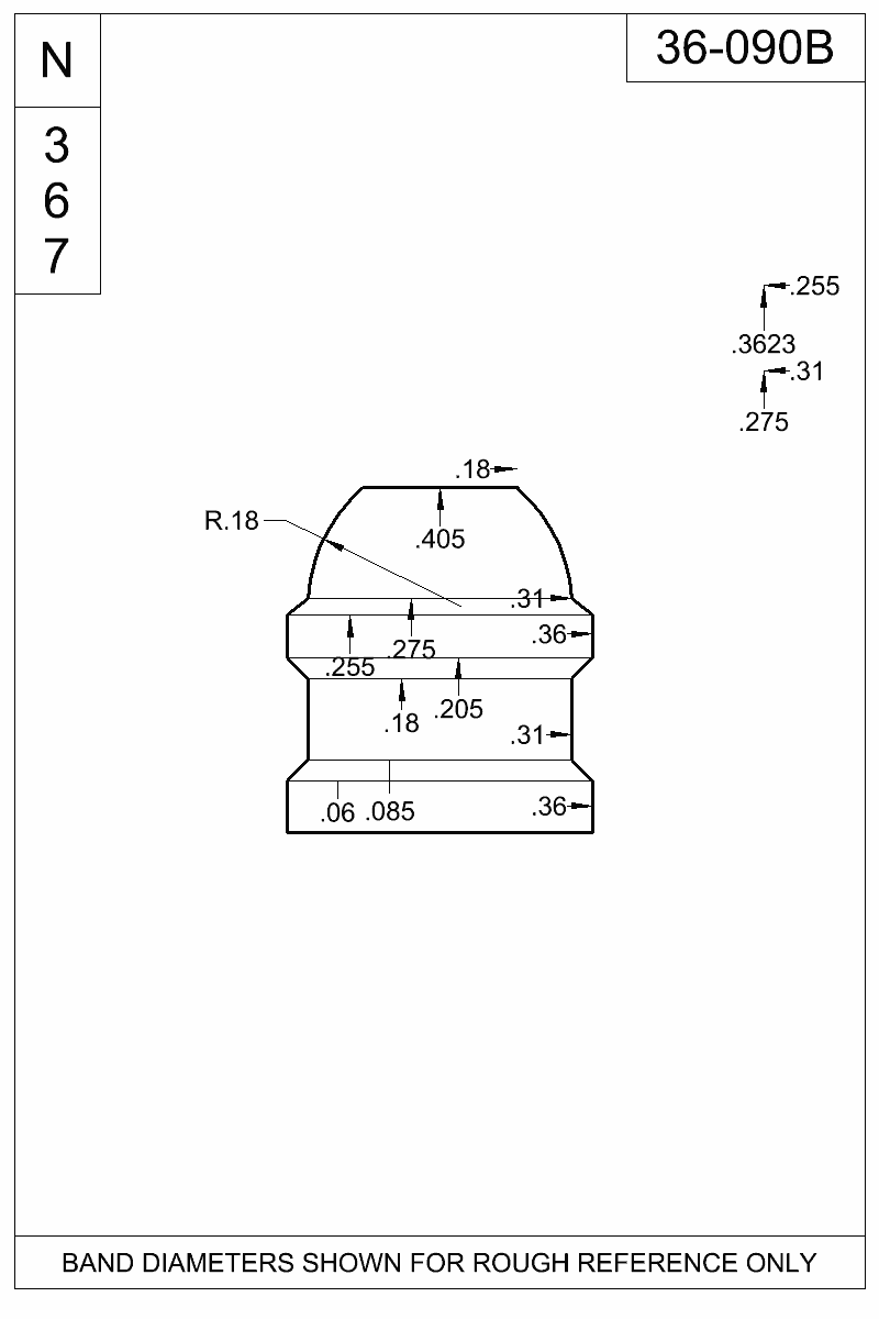 Dimensioned view of bullet 36-090B