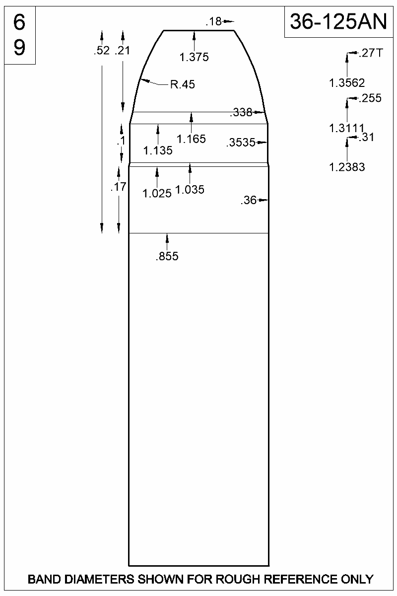 Dimensioned view of bullet 36-125AN