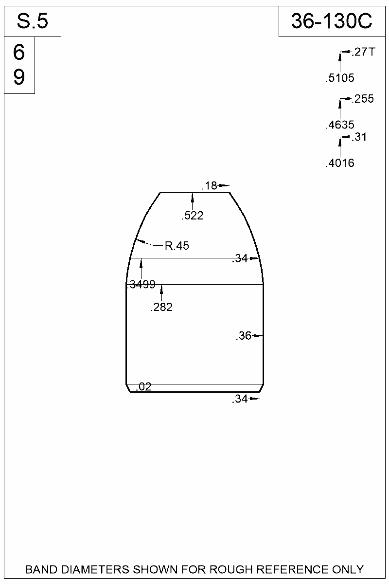 Dimensioned view of bullet 36-130C