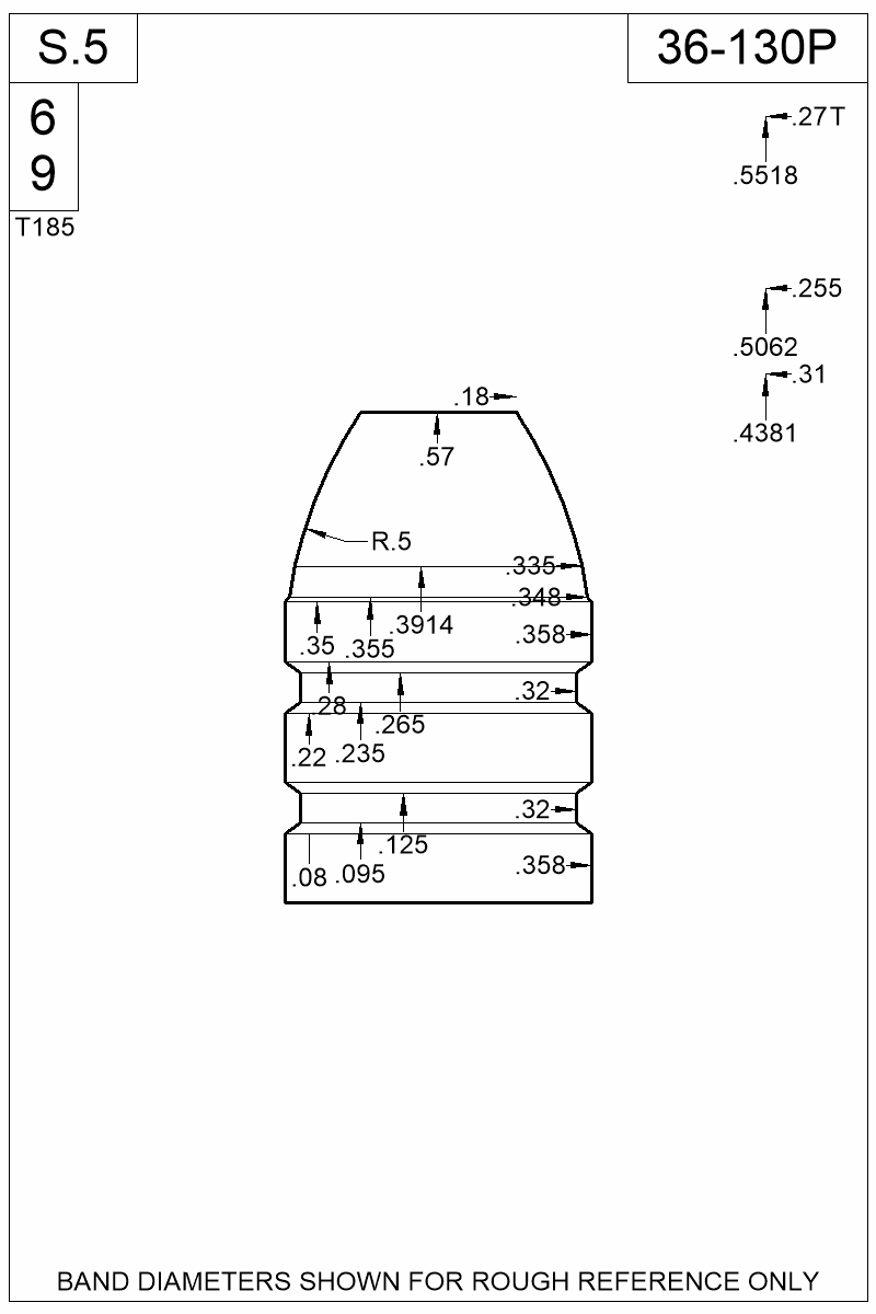 Dimensioned view of bullet 36-130P