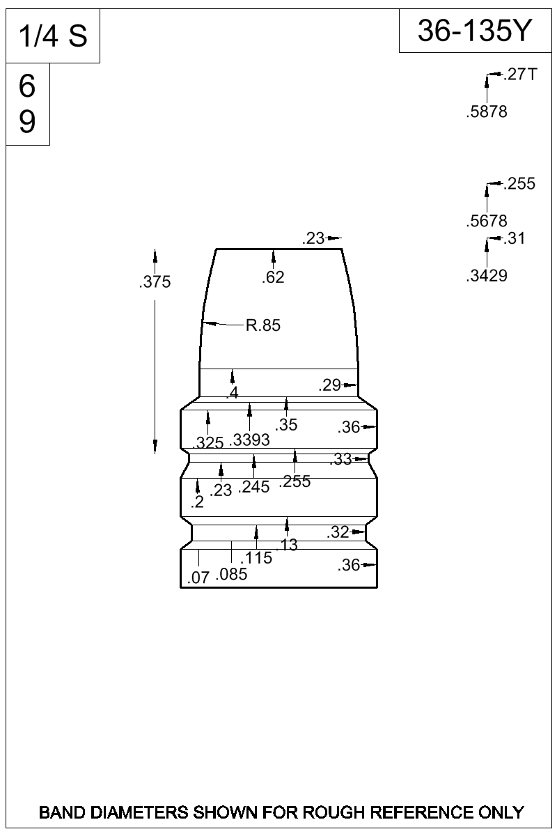 Dimensioned view of bullet 36-135Y