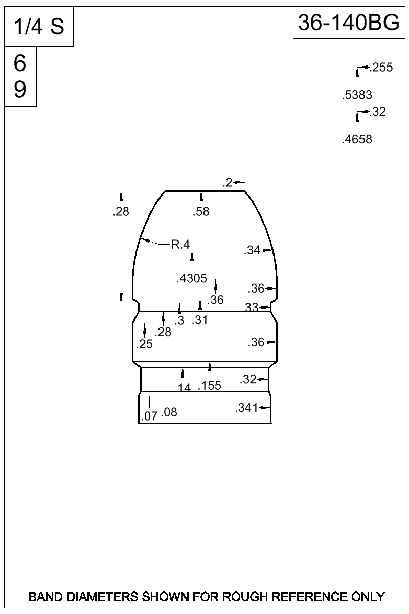 Dimensioned view of bullet 36-140BG