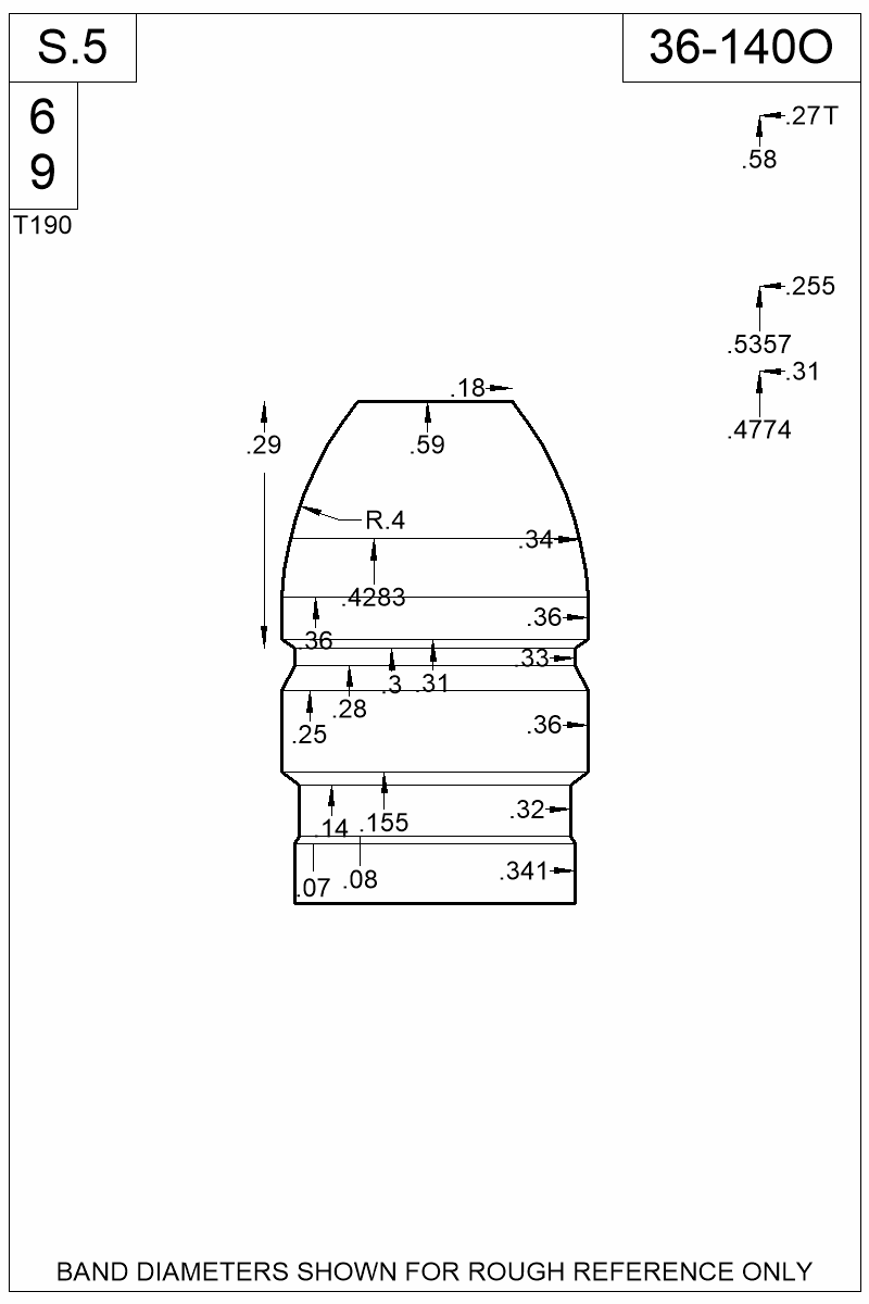 Dimensioned view of bullet 36-140O