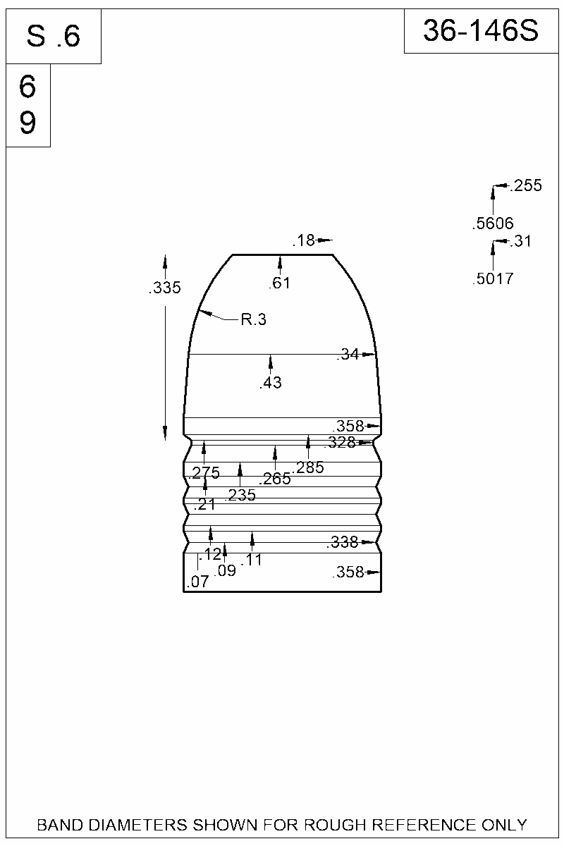 Dimensioned view of bullet 36-146S