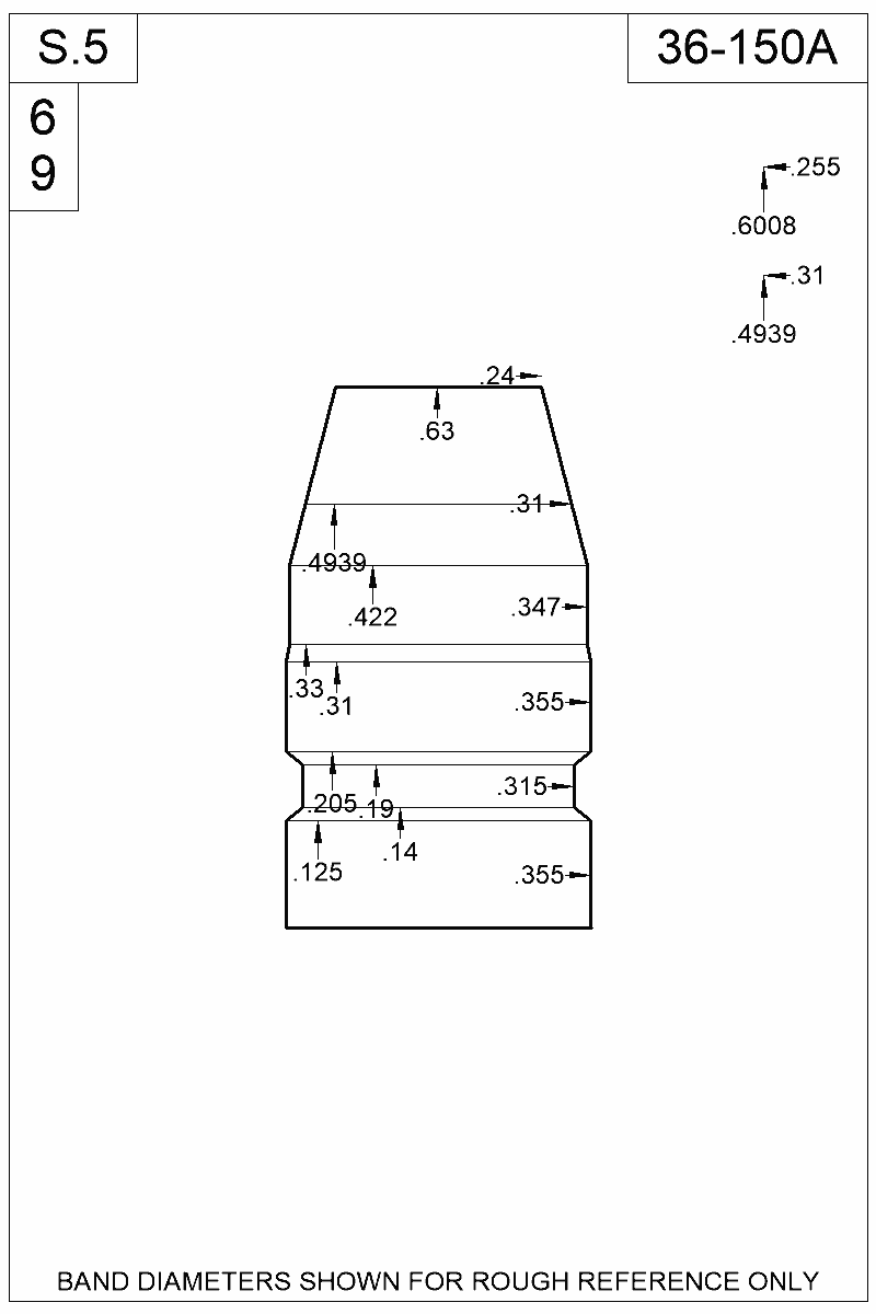 Dimensioned view of bullet 36-150A