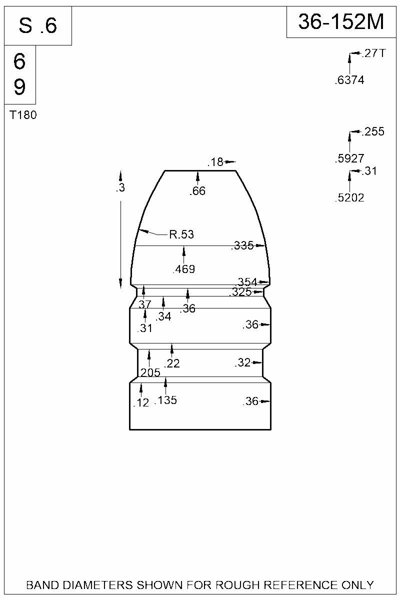 Dimensioned view of bullet 36-152M