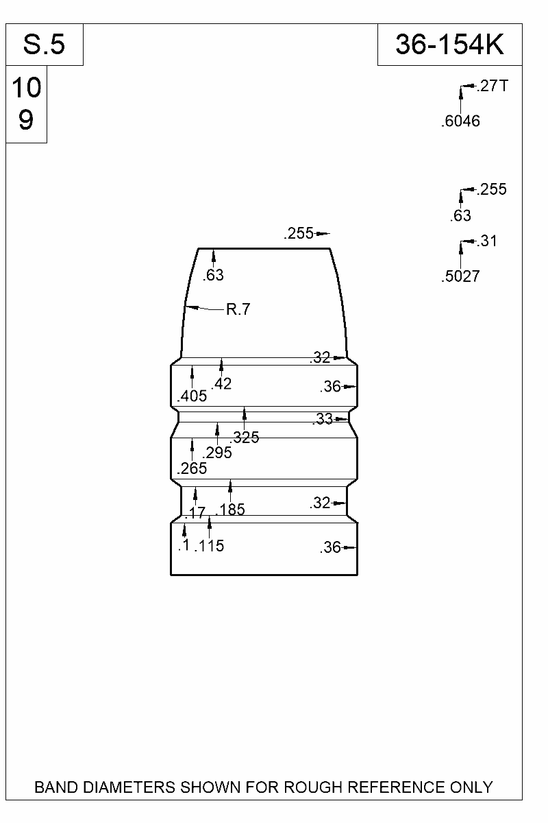 Dimensioned view of bullet 36-154K