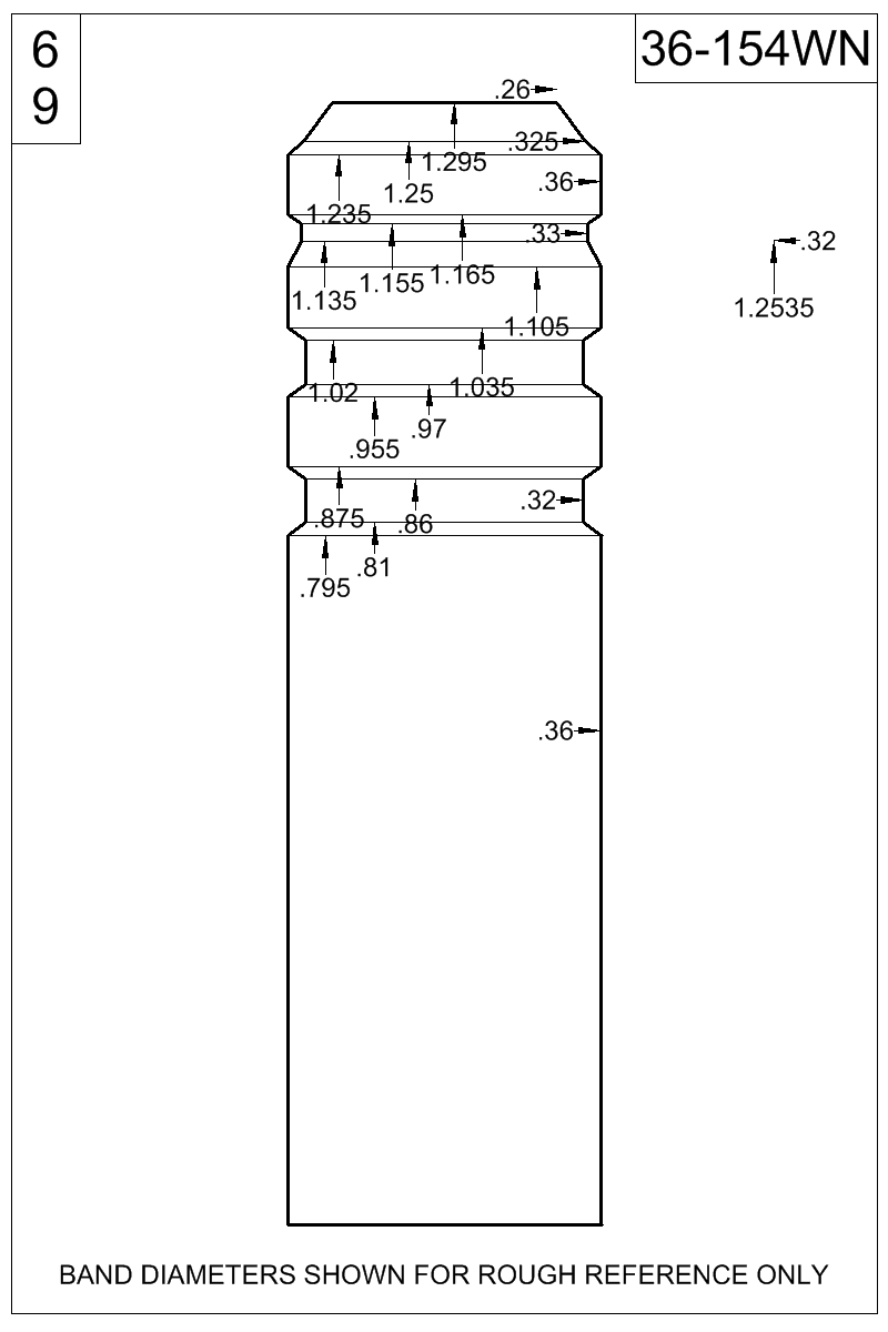 Dimensioned view of bullet 36-154WN