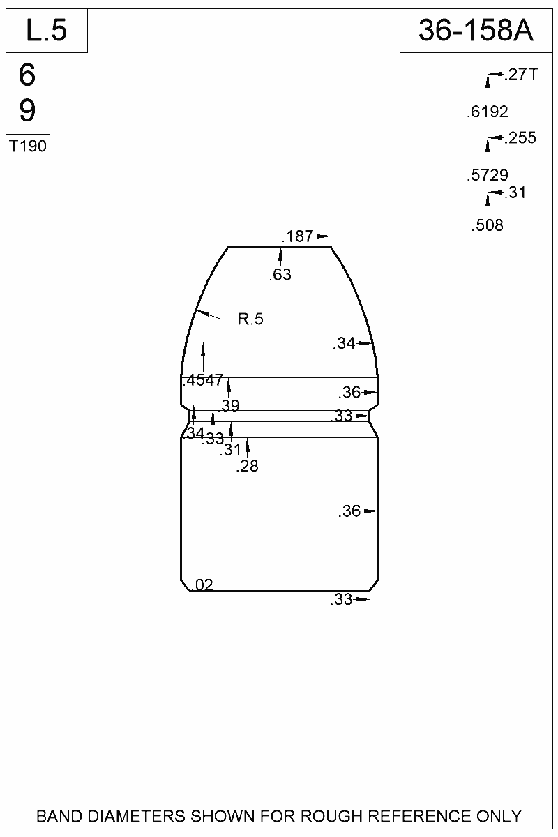 Dimensioned view of bullet 36-158A