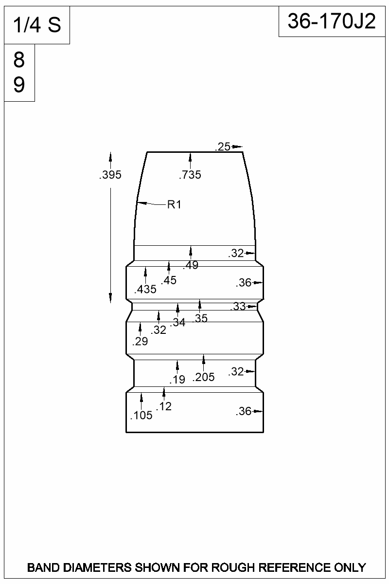 Dimensioned view of bullet 36-170J2