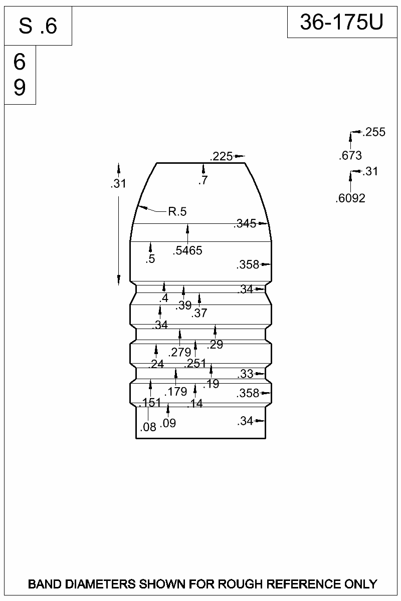 Dimensioned view of bullet 36-175U