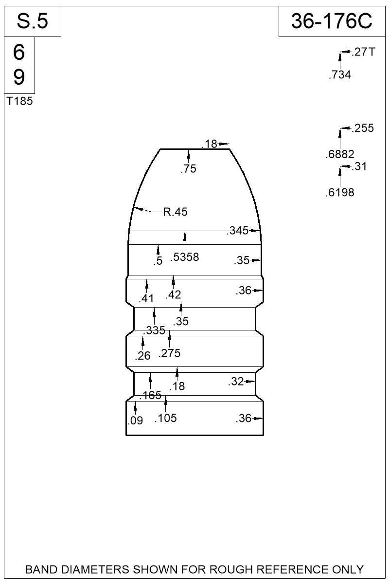 Dimensioned view of bullet 36-176C