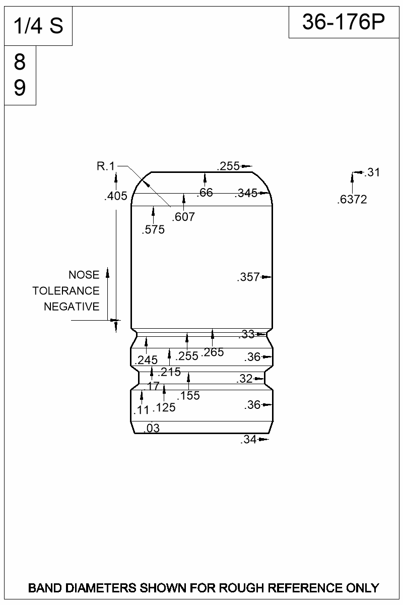 Dimensioned view of bullet 36-176P