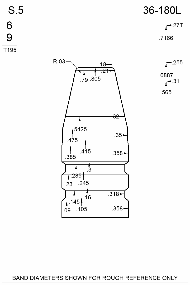 Dimensioned view of bullet 36-180L