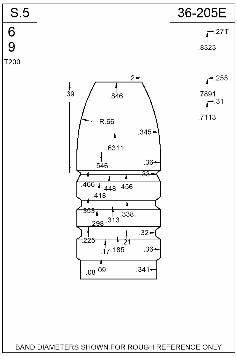 Dimensioned view of bullet 36-205E