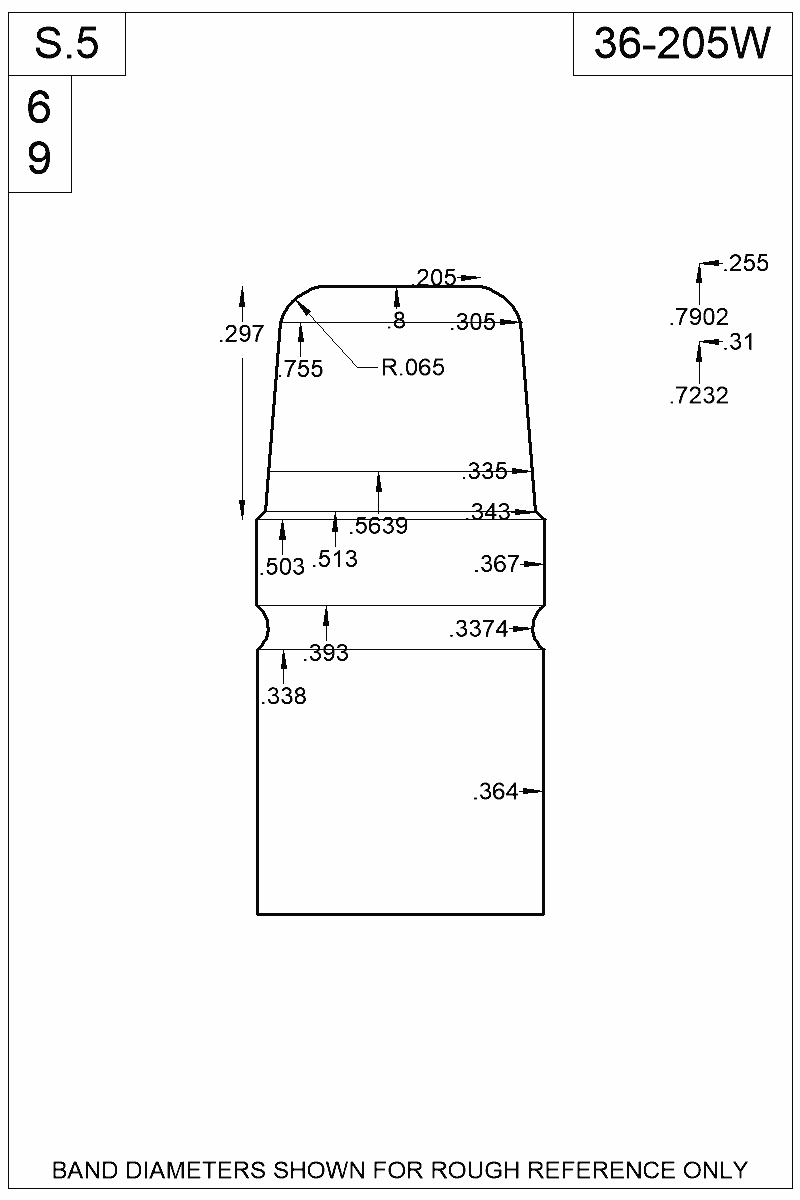Dimensioned view of bullet 36-205W