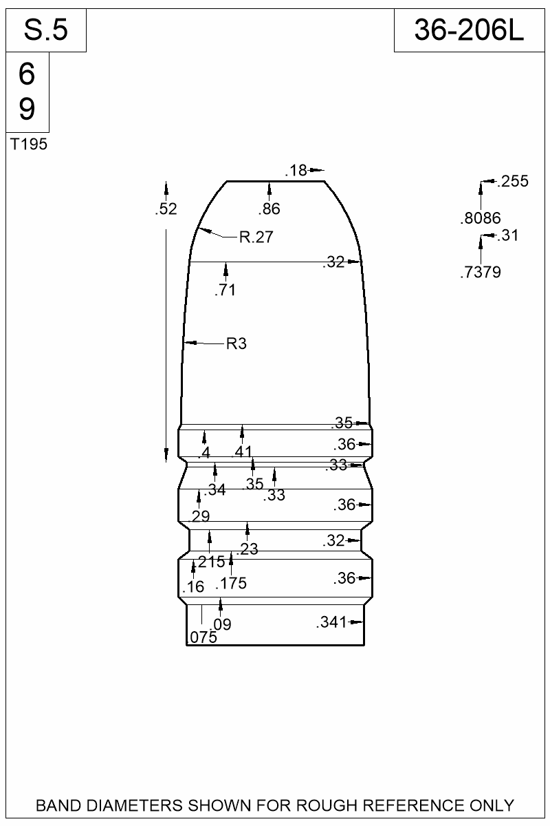 Dimensioned view of bullet 36-206L