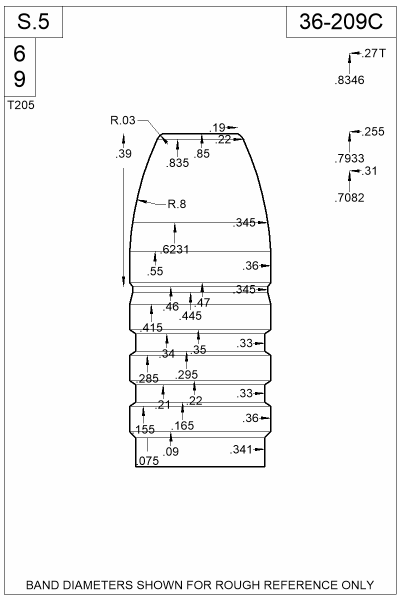 Dimensioned view of bullet 36-209C