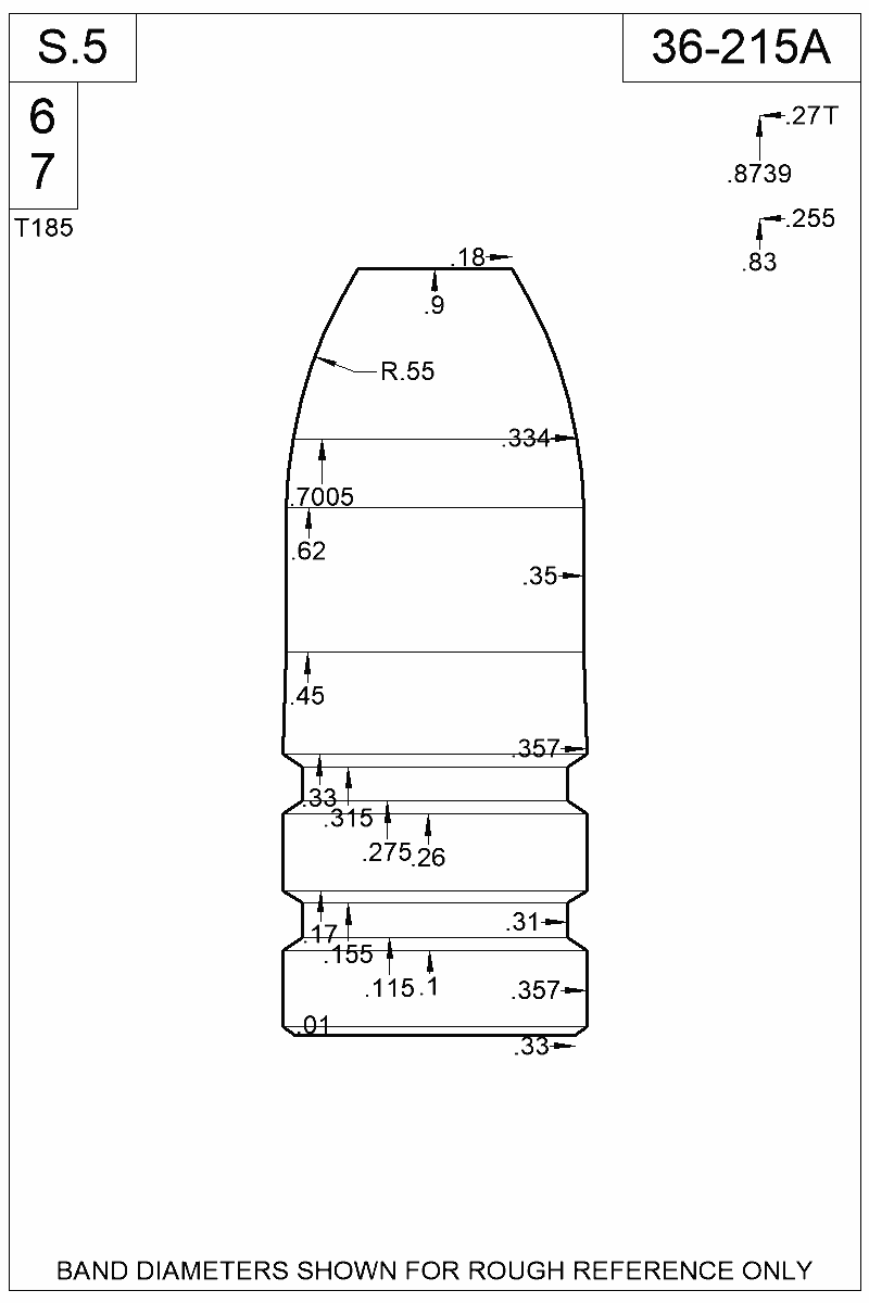 Dimensioned view of bullet 36-215A