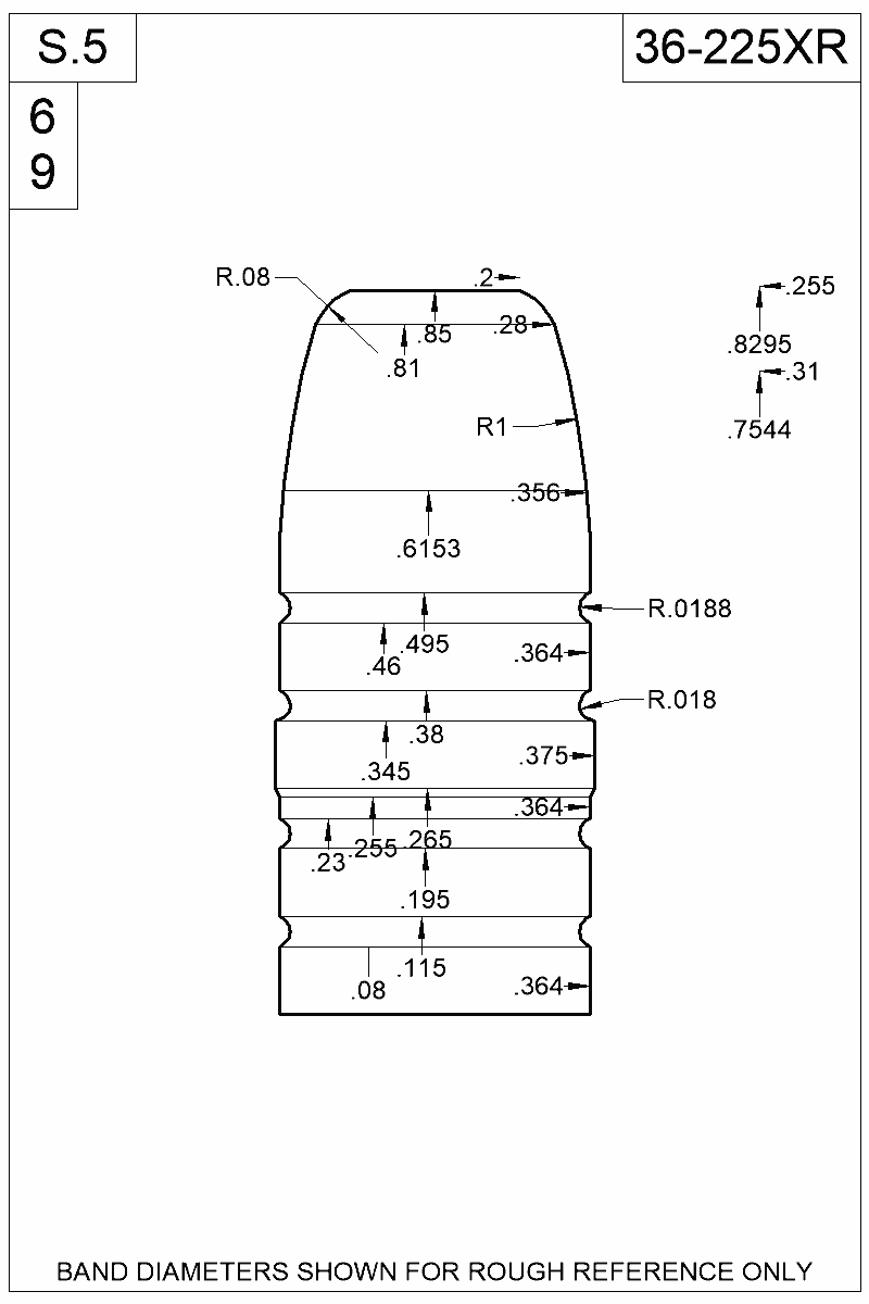 Dimensioned view of bullet 36-225XR